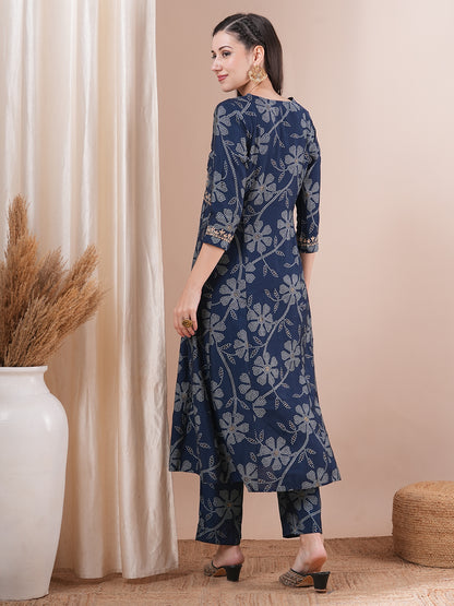 Ethnic Bandhani Printed & Embroidered A-Line Paneled Co-ord Set - Blue