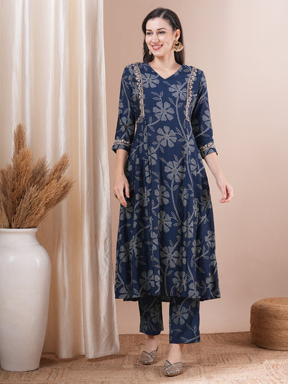 Ethnic Bandhani Printed & Embroidered A-Line Paneled Co-ord Set - Blue