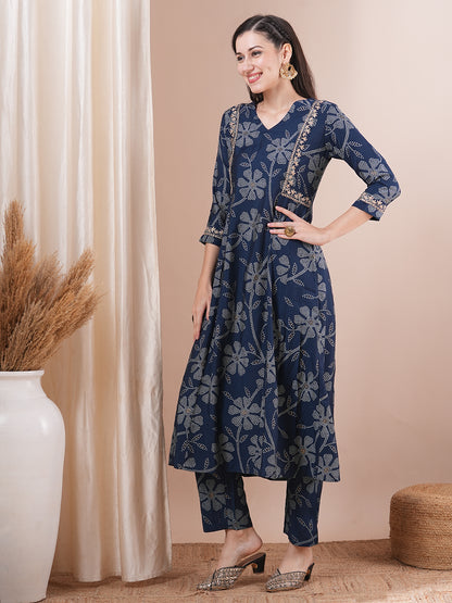 Ethnic Bandhani Printed & Embroidered A-Line Paneled Co-ord Set - Blue