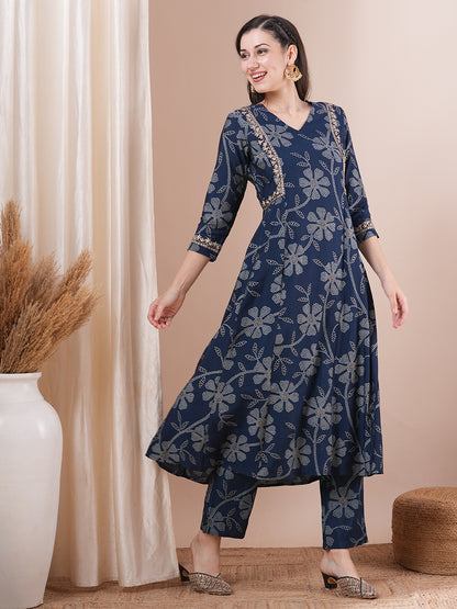 Ethnic Bandhani Printed & Embroidered A-Line Paneled Co-ord Set - Blue