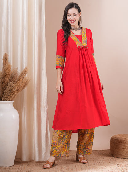 Solid Ethnic Printed A-Line Paneled Kurta with Palazzo - Red