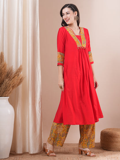 Solid Ethnic Printed A-Line Paneled Kurta with Palazzo - Red