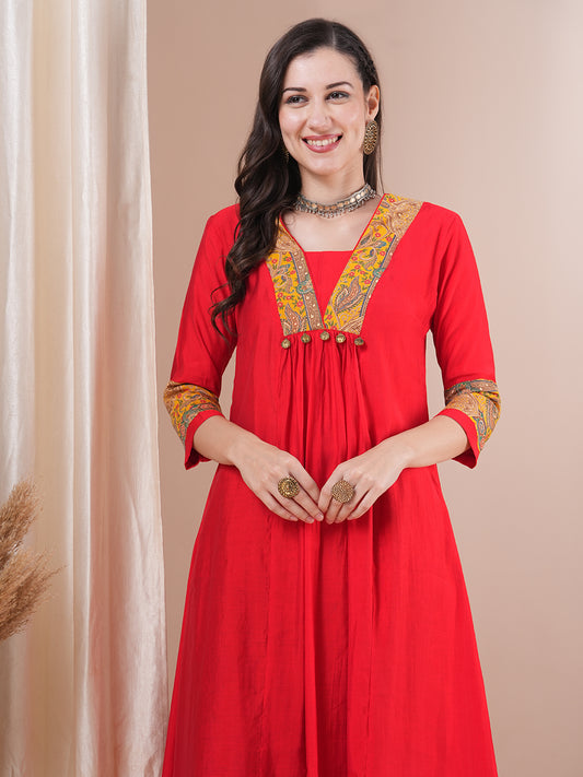 Solid Ethnic Printed A-Line Paneled Kurta with Palazzo - Red