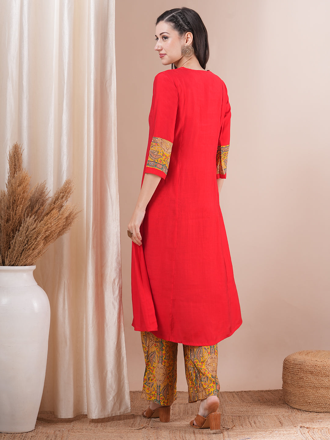 Solid Ethnic Printed A-Line Paneled Kurta with Palazzo - Red