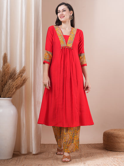 Solid Ethnic Printed A-Line Paneled Kurta with Palazzo - Red