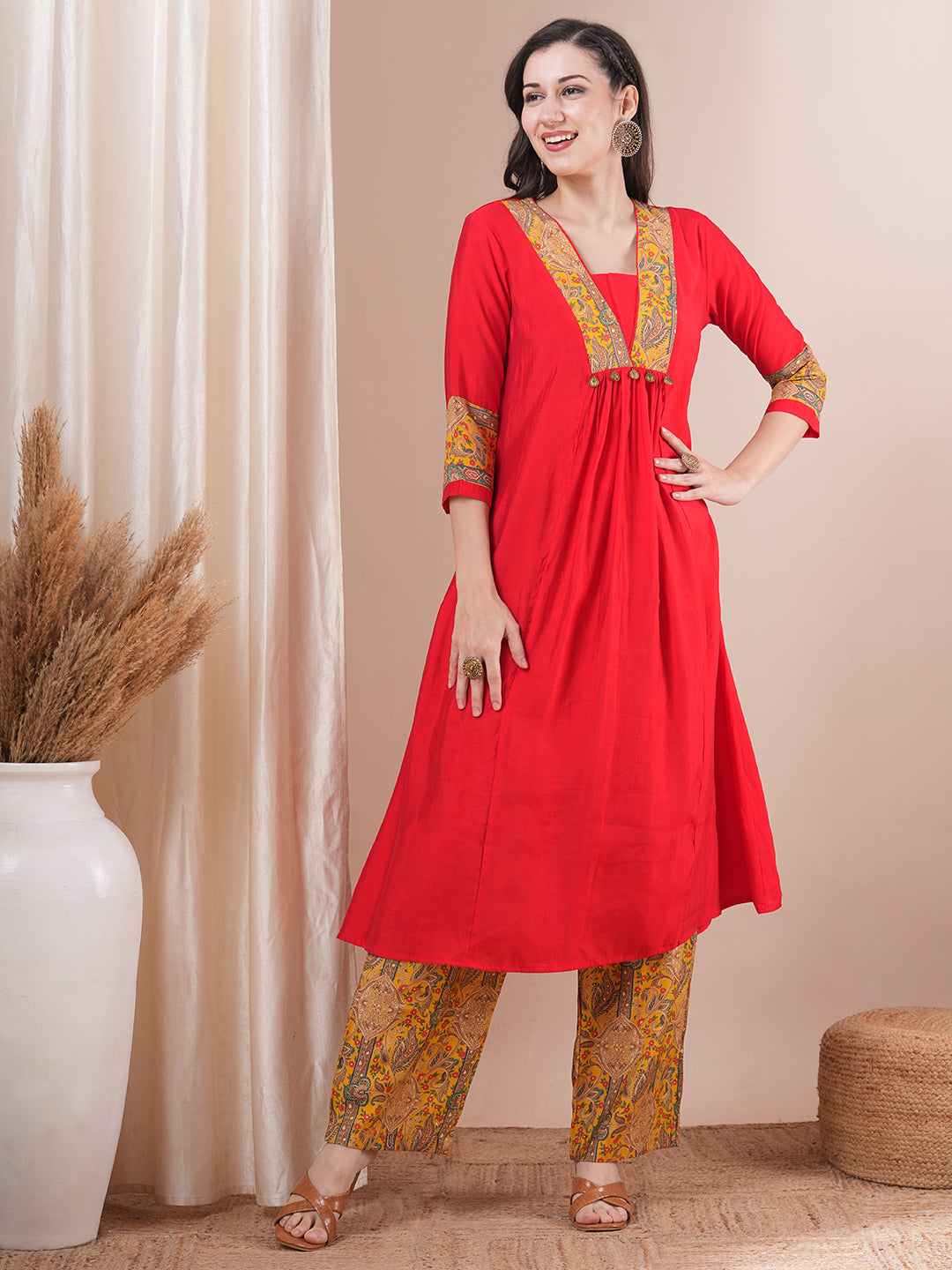 Solid Ethnic Printed A-Line Paneled Kurta with Palazzo - Red