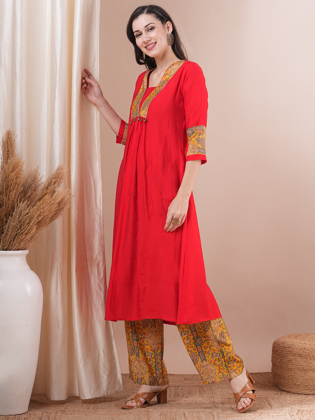 Solid Ethnic Printed A-Line Paneled Kurta with Palazzo - Red