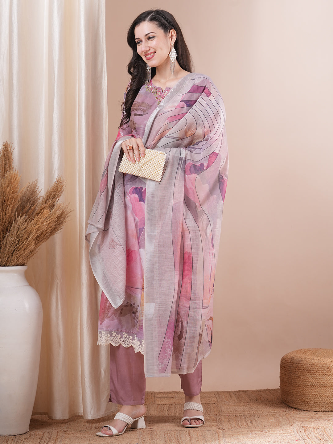 Abstract Floral Printed & Embroidered Straight Kurta with Pant & Dupatta - Multi