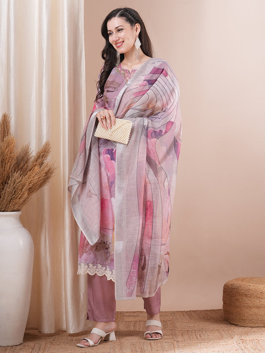 Abstract Floral Printed & Embroidered Straight Kurta with Pant & Dupatta - Multi