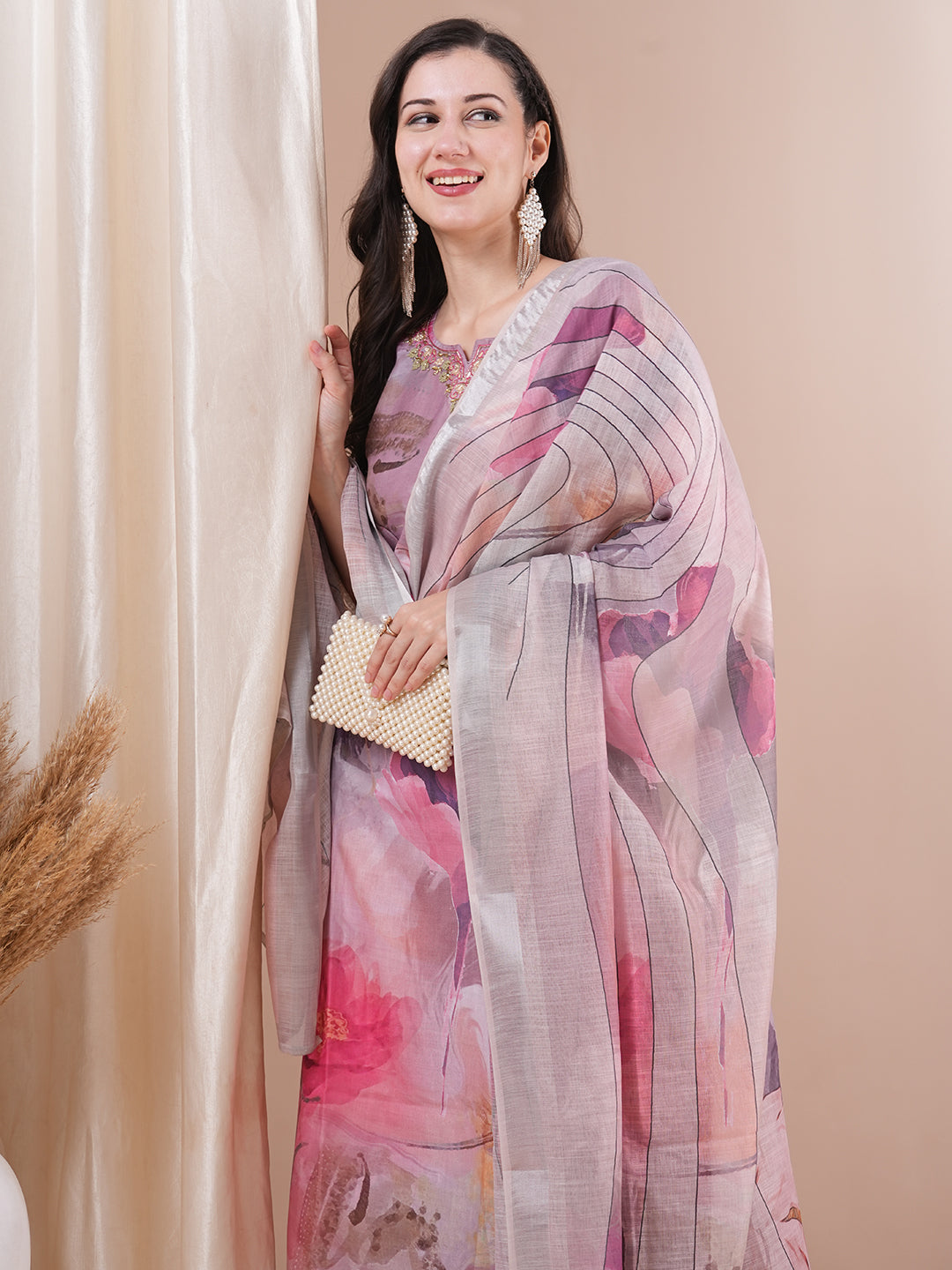 Abstract Floral Printed & Embroidered Straight Kurta with Pant & Dupatta - Multi