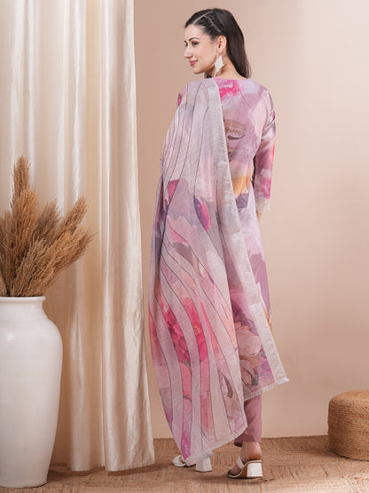 Abstract Floral Printed & Embroidered Straight Kurta with Pant & Dupatta - Multi