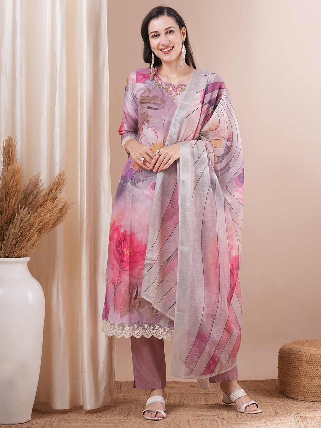 Abstract Floral Printed & Embroidered Straight Kurta with Pant & Dupatta - Multi