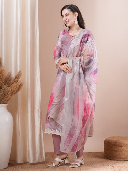 Abstract Floral Printed & Embroidered Straight Kurta with Pant & Dupatta - Multi