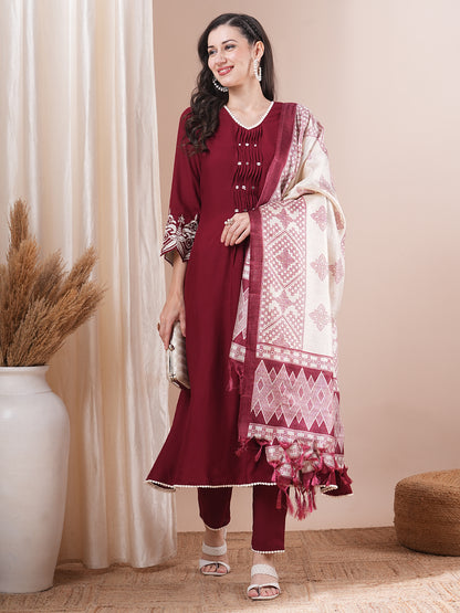 Solid Floral Embroidered Straight Fit Kurta with Pant & Dupatta - Maroon