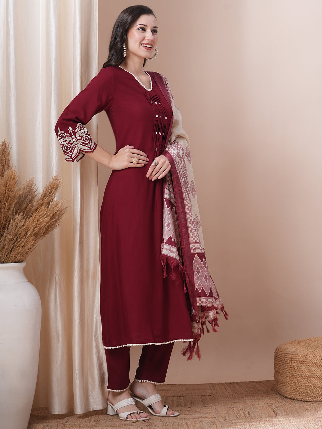 Solid Floral Embroidered Straight Fit Kurta with Pant & Dupatta - Maroon