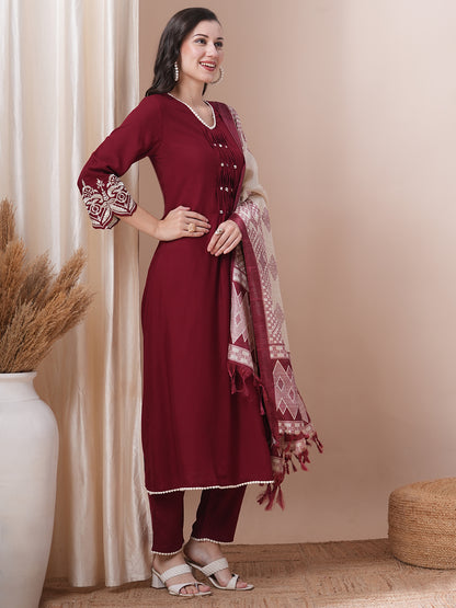 Solid Floral Embroidered Straight Fit Kurta with Pant & Dupatta - Maroon