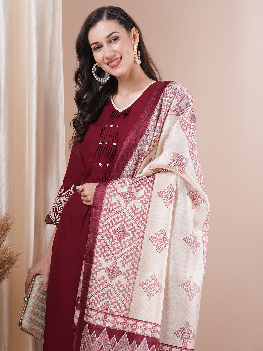 Solid Floral Embroidered Straight Fit Kurta with Pant & Dupatta - Maroon