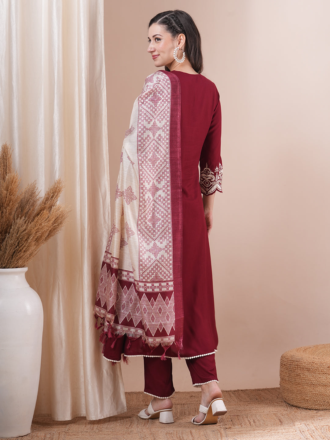 Solid Floral Embroidered Straight Fit Kurta with Pant & Dupatta - Maroon