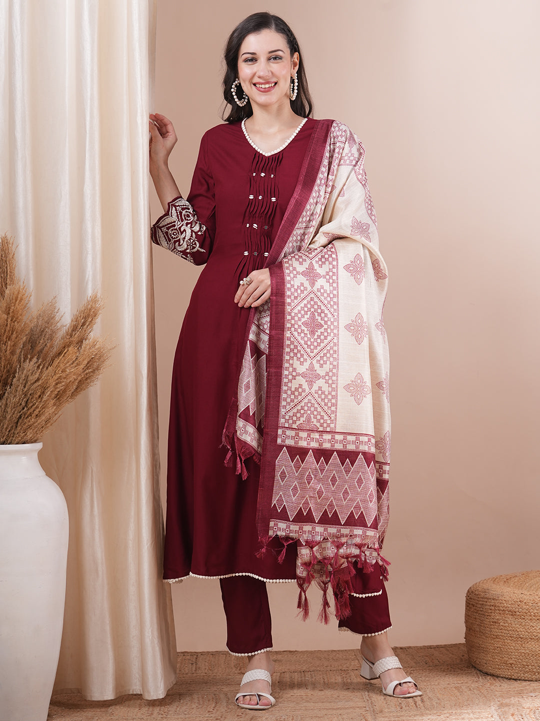 Solid Floral Embroidered Straight Fit Kurta with Pant & Dupatta - Maroon