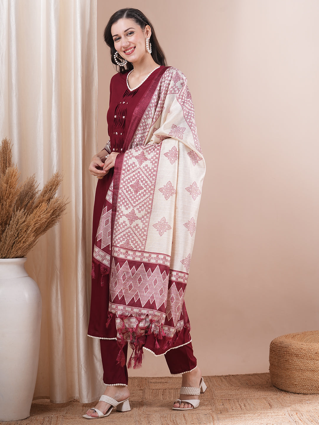 Solid Floral Embroidered Straight Fit Kurta with Pant & Dupatta - Maroon