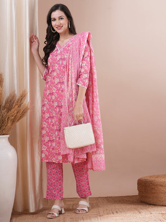 Floral Printed & Embroidered Straight Fit Kurta with Pant & Dupatta - Pink