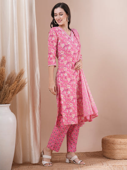 Floral Printed & Embroidered Straight Fit Kurta with Pant & Dupatta - Pink