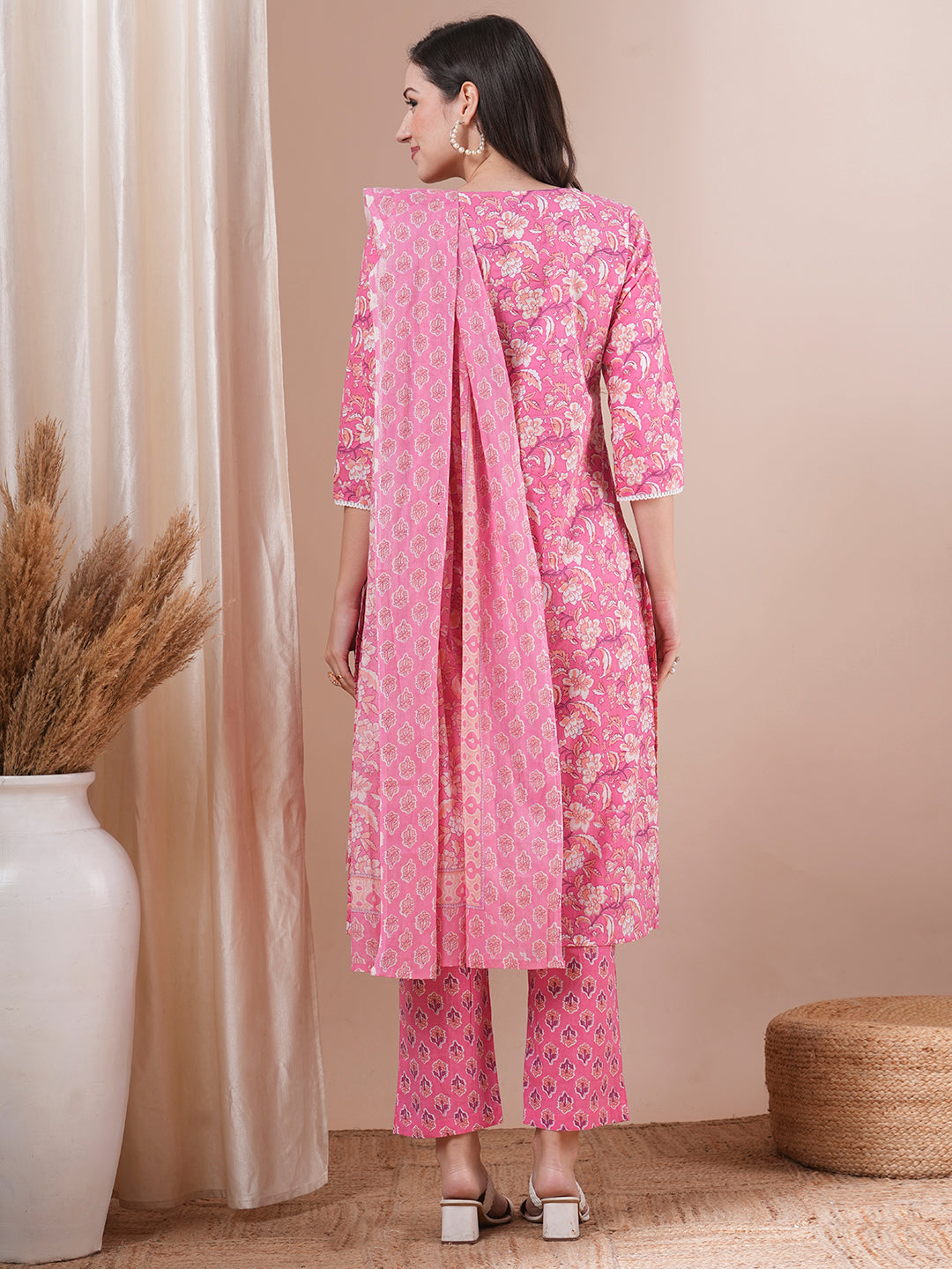 Floral Printed & Embroidered Straight Fit Kurta with Pant & Dupatta - Pink