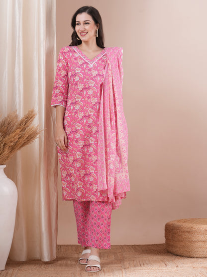 Floral Printed & Embroidered Straight Fit Kurta with Pant & Dupatta - Pink