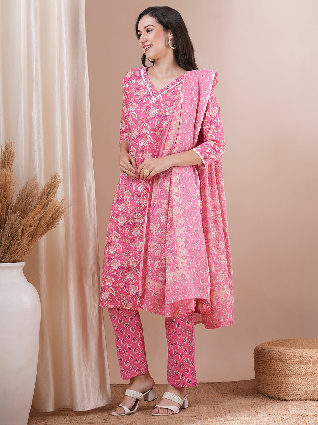 Floral Printed & Embroidered Straight Fit Kurta with Pant & Dupatta - Pink