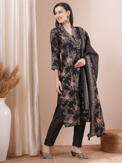 Floral Printed Embroidered Straight Fit Kurta with Pant and Dupatta - Black