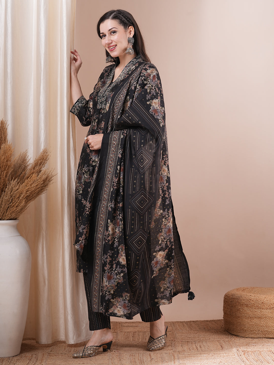 Floral Printed Embroidered Straight Fit Kurta with Pant and Dupatta - Black