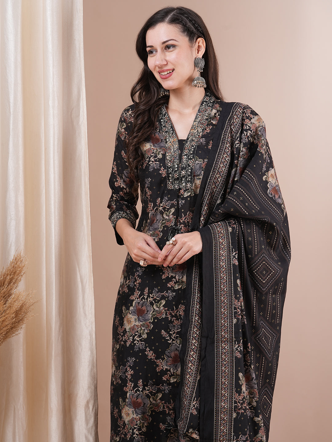 Floral Printed Embroidered Straight Fit Kurta with Pant and Dupatta - Black