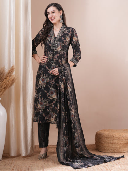 Floral Printed Embroidered Straight Fit Kurta with Pant and Dupatta - Black