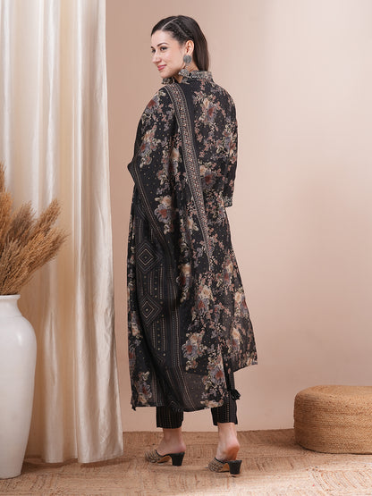 Floral Printed Embroidered Straight Fit Kurta with Pant and Dupatta - Black