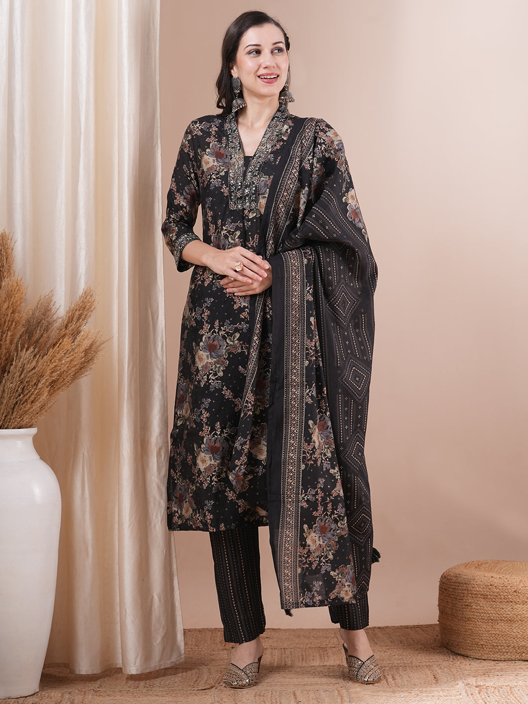 Floral Printed Embroidered Straight Fit Kurta with Pant and Dupatta - Black