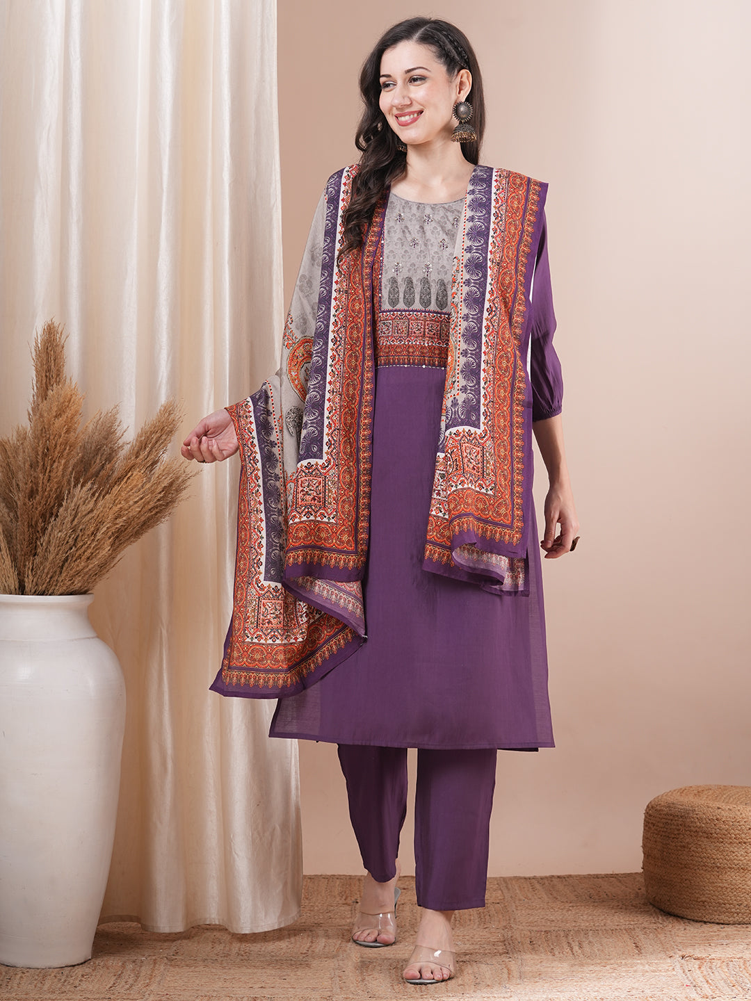 Solid Ethnic Printed Straight Fit Kurta with Pant and Dupatta - Purple