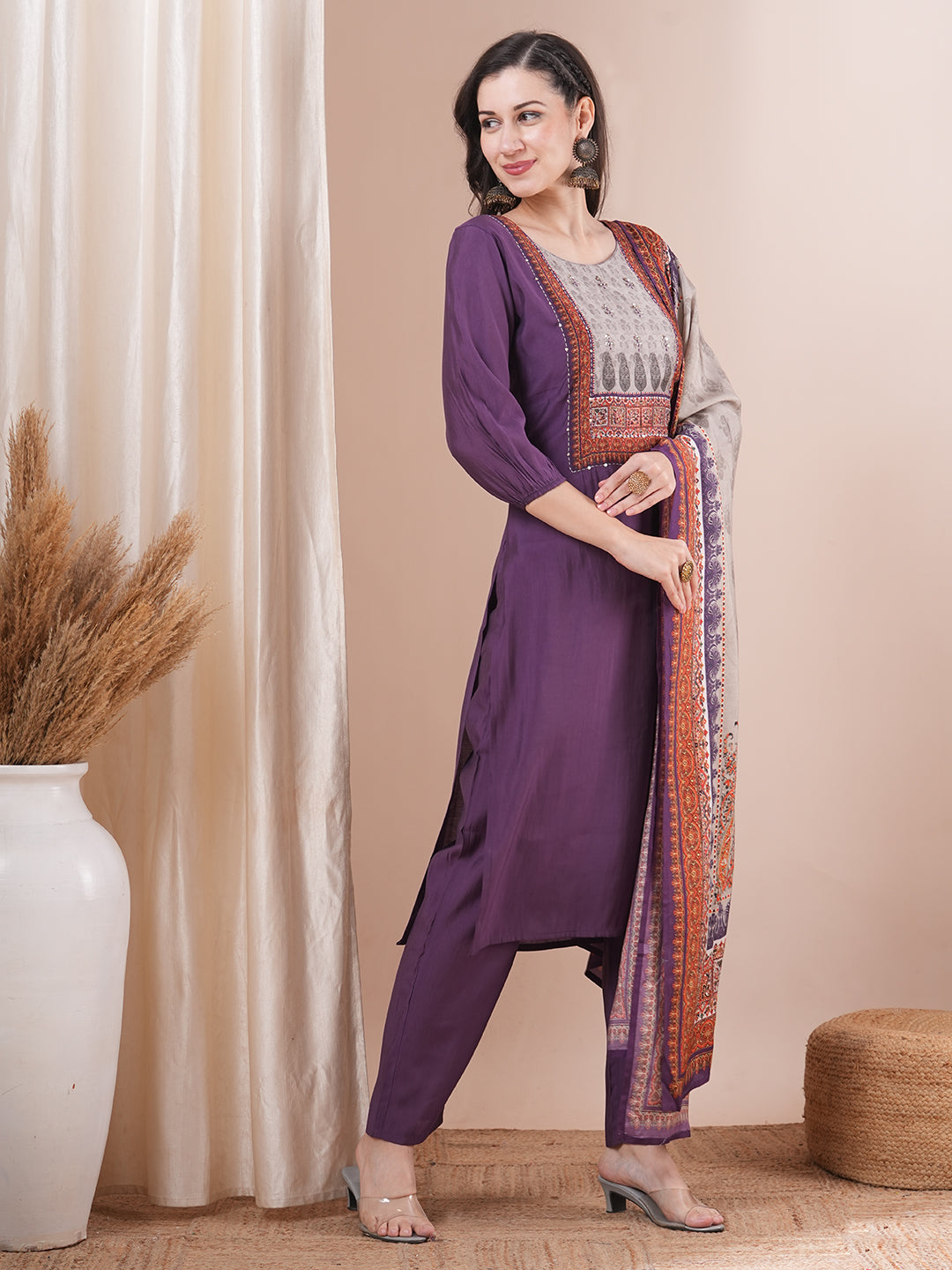 Solid Ethnic Printed Straight Fit Kurta with Pant and Dupatta - Purple