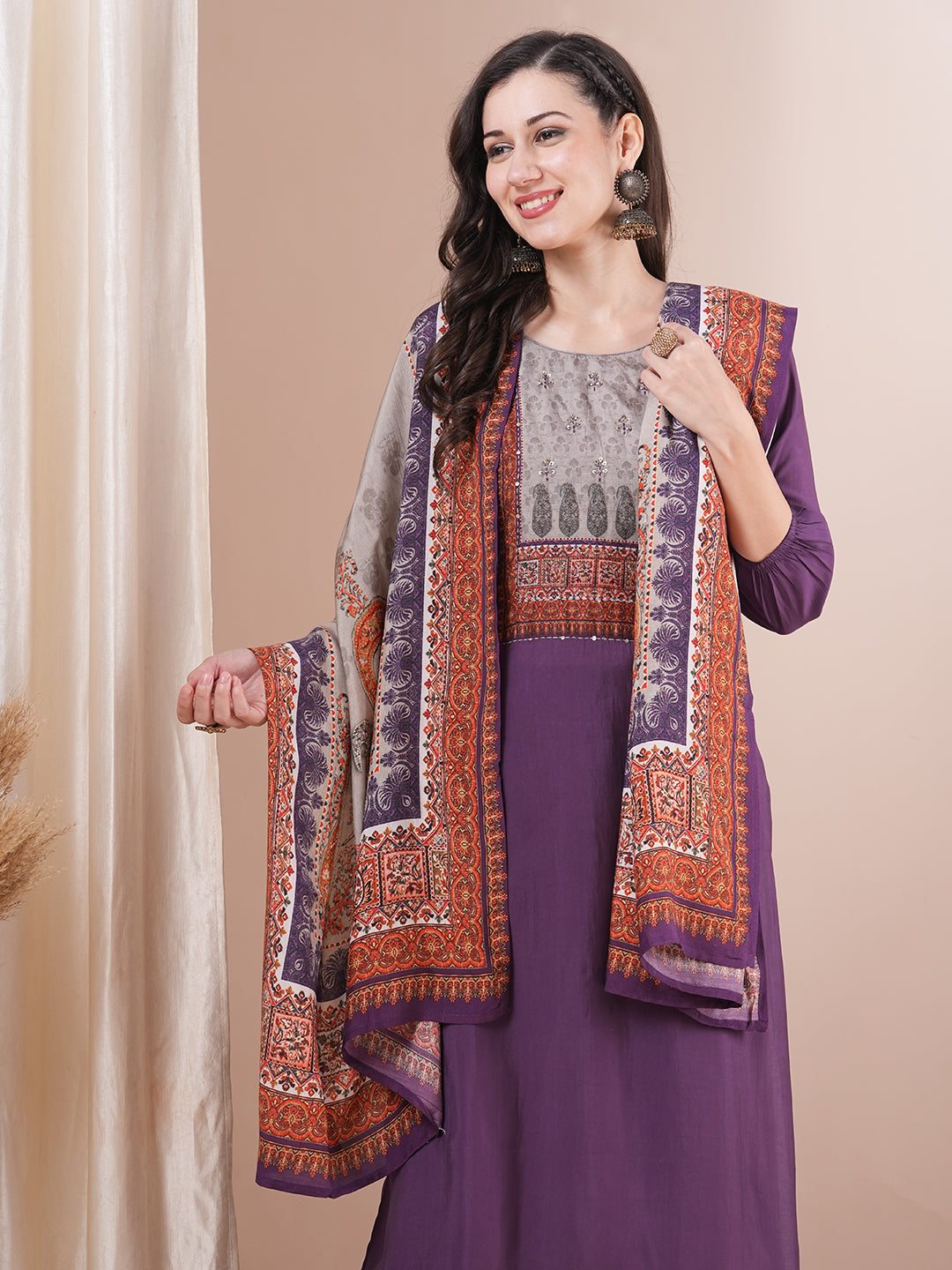 Solid Ethnic Printed Straight Fit Kurta with Pant and Dupatta - Purple