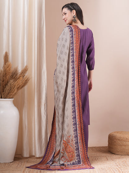 Solid Ethnic Printed Straight Fit Kurta with Pant and Dupatta - Purple