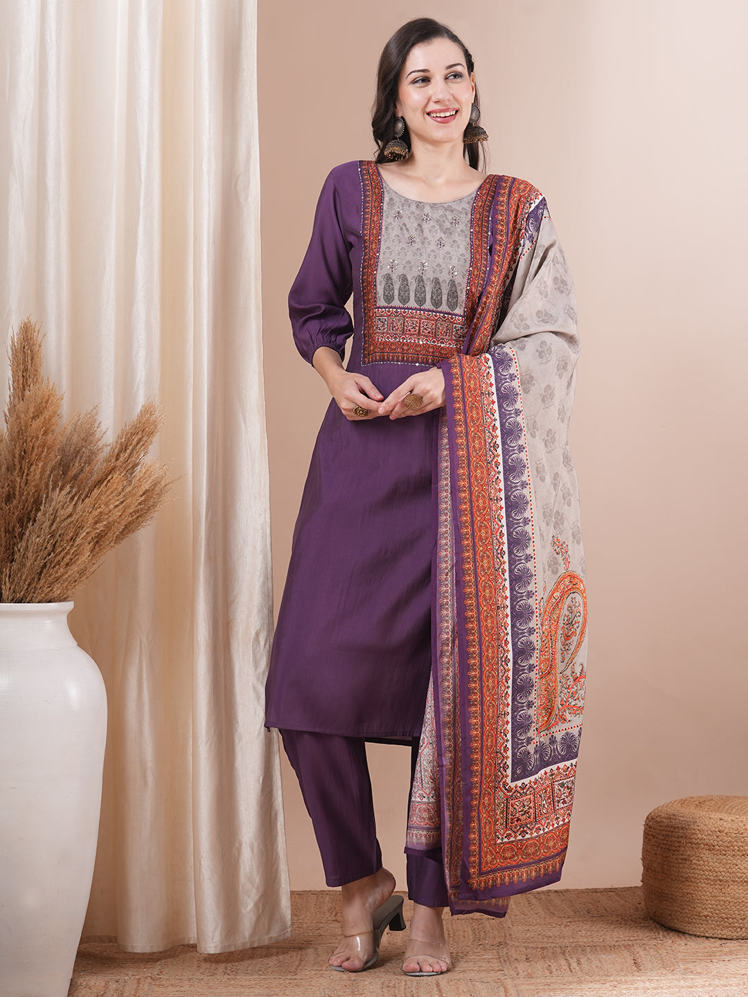 Solid Ethnic Printed Straight Fit Kurta with Pant and Dupatta - Purple