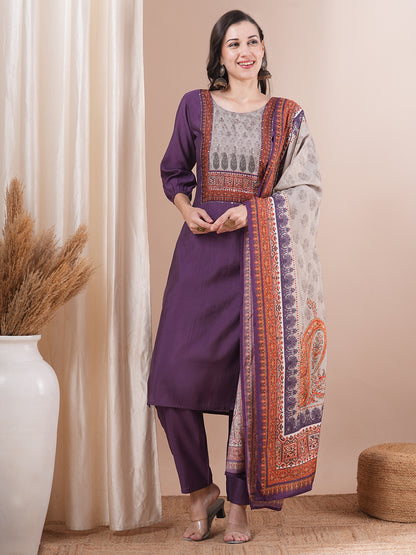 Solid Ethnic Printed Straight Fit Kurta with Pant and Dupatta - Purple