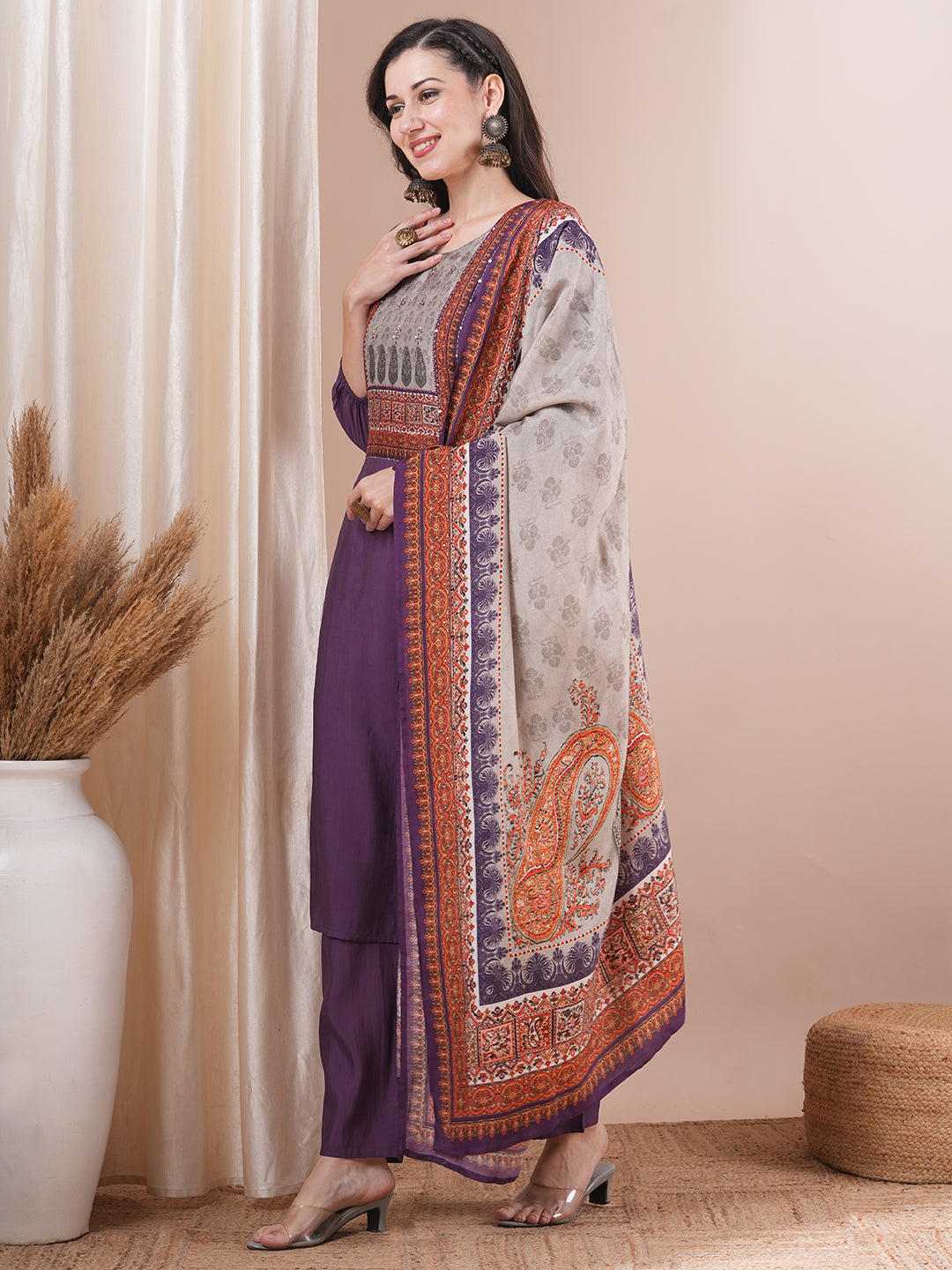 Solid Ethnic Printed Straight Fit Kurta with Pant and Dupatta - Purple