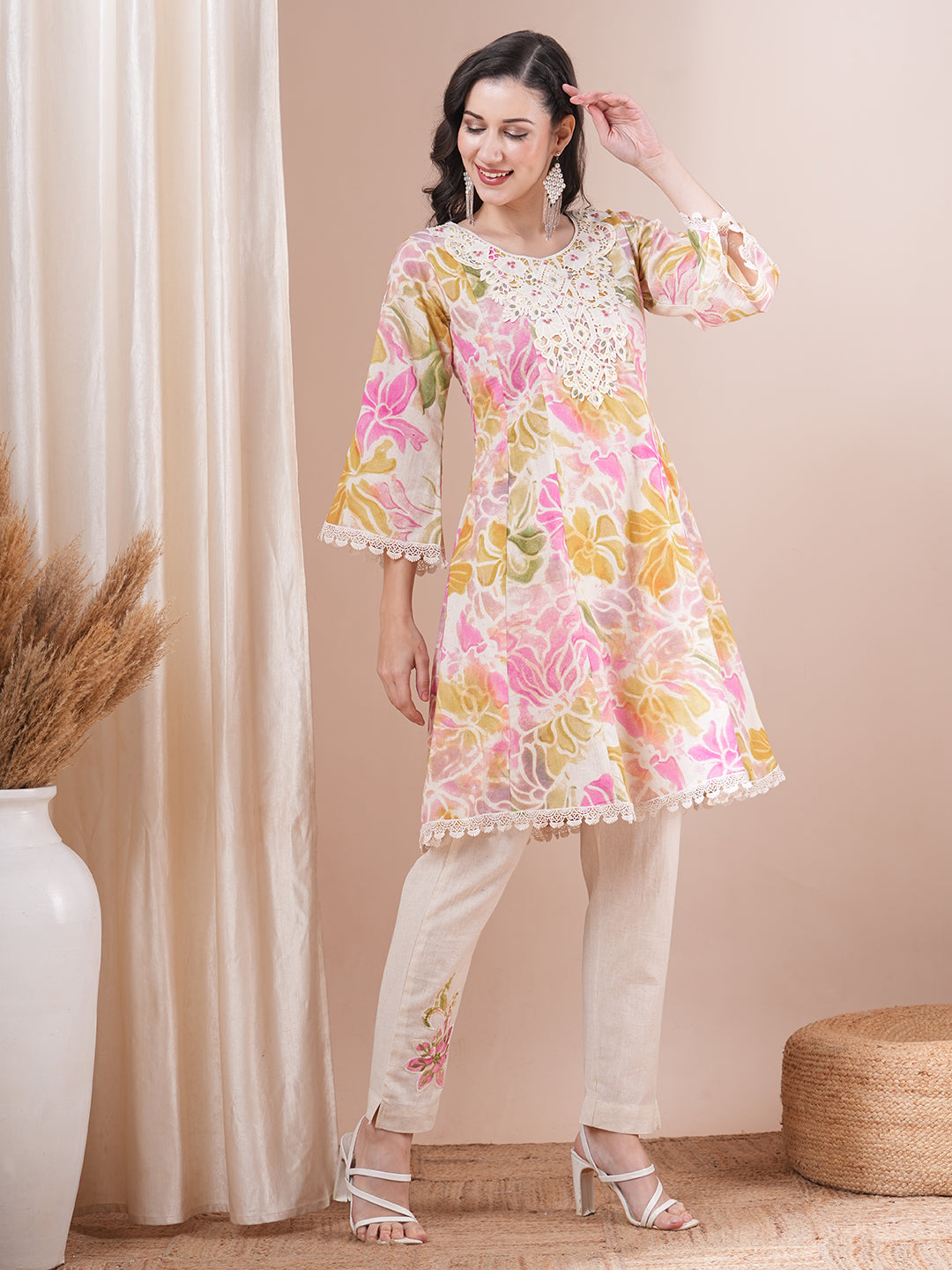 Abstract Floral Printed Embroidered A-Line Paneled Cotton Flax Kurta with Pant - Multi