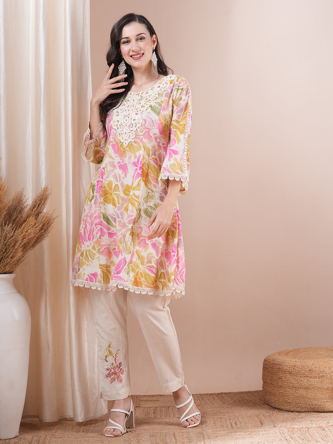 Abstract Floral Printed Embroidered A-Line Paneled Cotton Flax Kurta with Pant - Multi