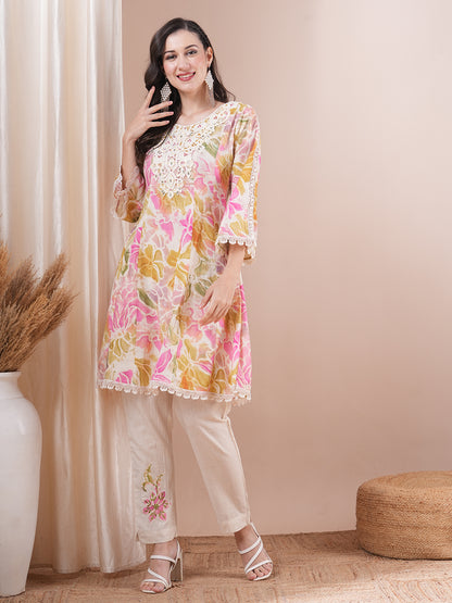 Abstract Floral Printed Embroidered A-Line Paneled Cotton Flax Kurta with Pant - Multi