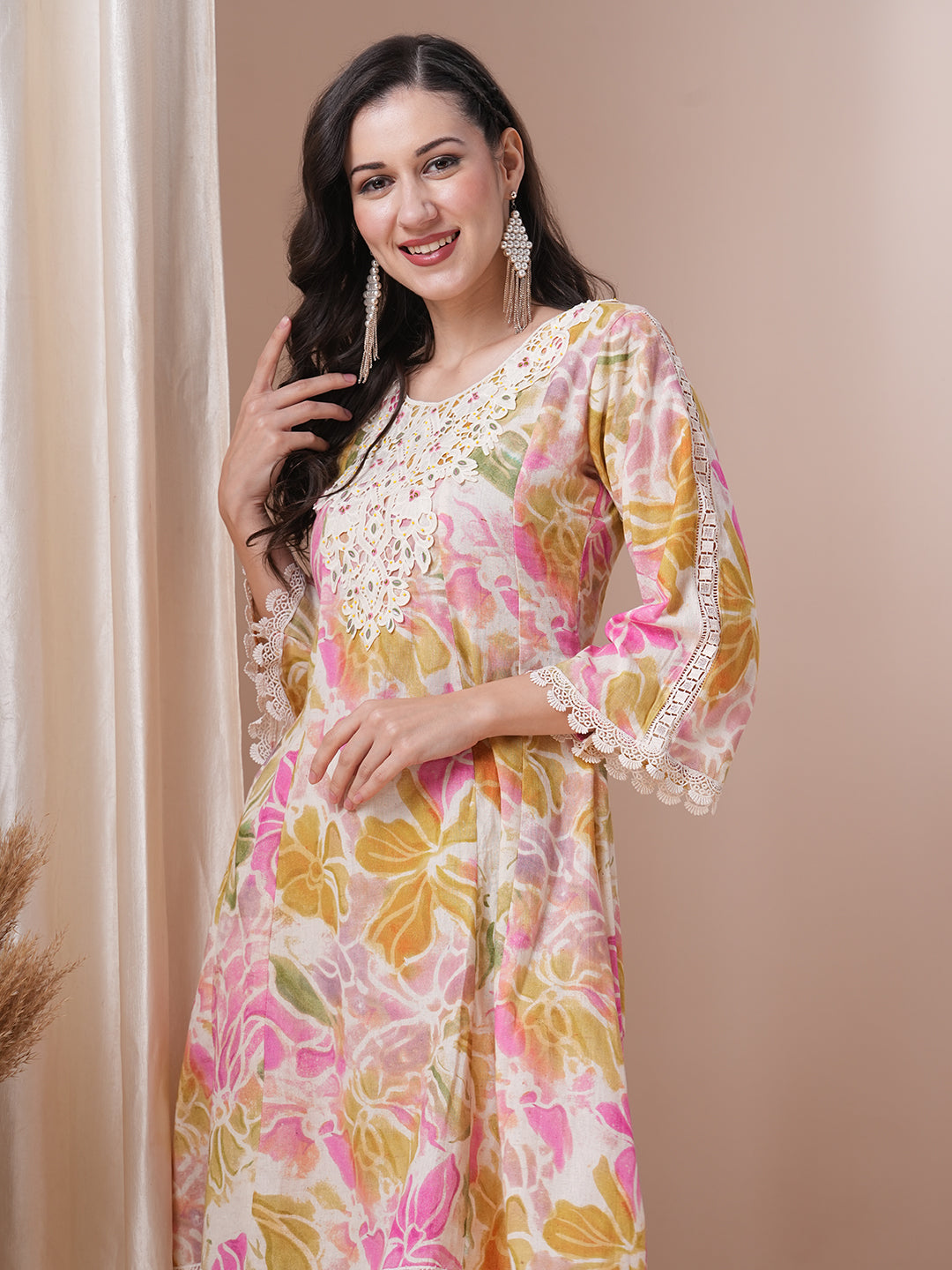 Abstract Floral Printed Embroidered A-Line Paneled Cotton Flax Kurta with Pant - Multi