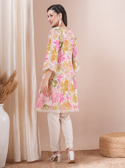 Abstract Floral Printed Embroidered A-Line Paneled Cotton Flax Kurta with Pant - Multi