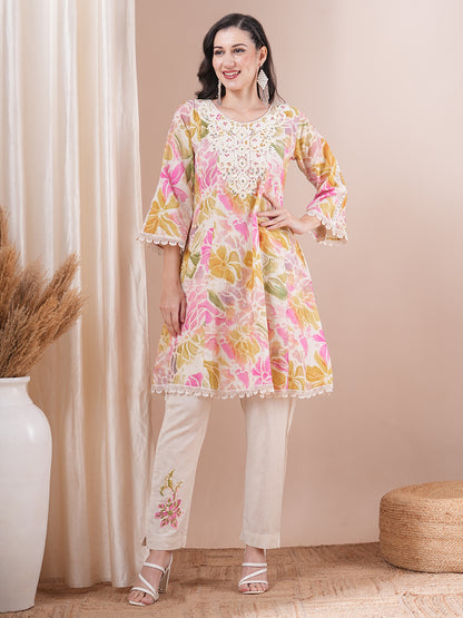 Abstract Floral Printed Embroidered A-Line Paneled Cotton Flax Kurta with Pant - Multi