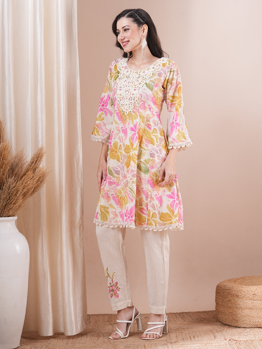 Abstract Floral Printed Embroidered A-Line Paneled Cotton Flax Kurta with Pant - Multi