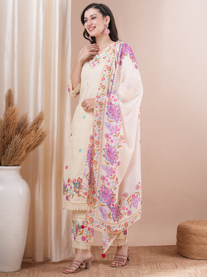 Solid Floral Embroidered Straight Fit Kurta with Pant & Dupatta - White